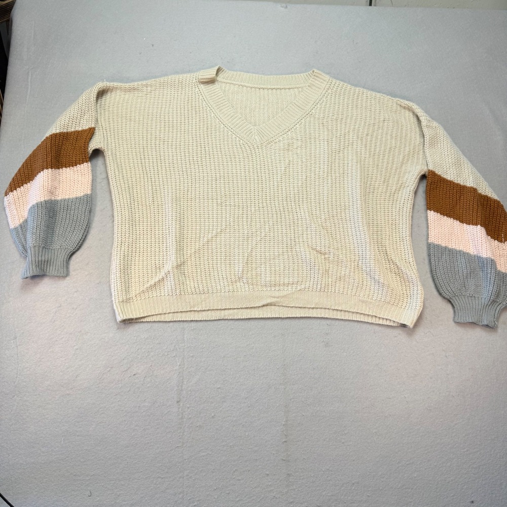 Color-Block Balloon Sleeve V-Neck Knit Sweater – XL – 100% Acrylic – Pre-Owned‎